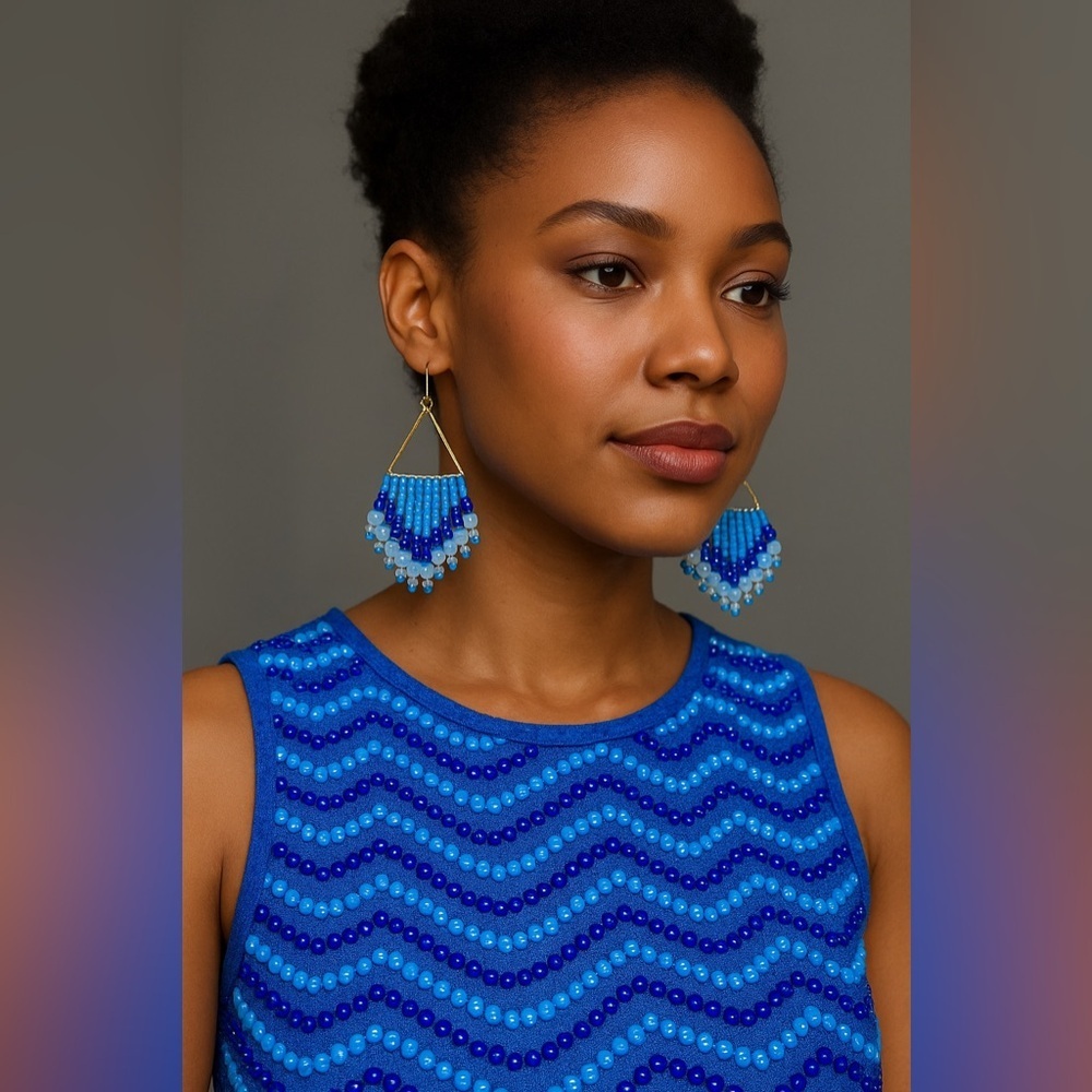 Vibrant Blue Beaded Triangle Earrings